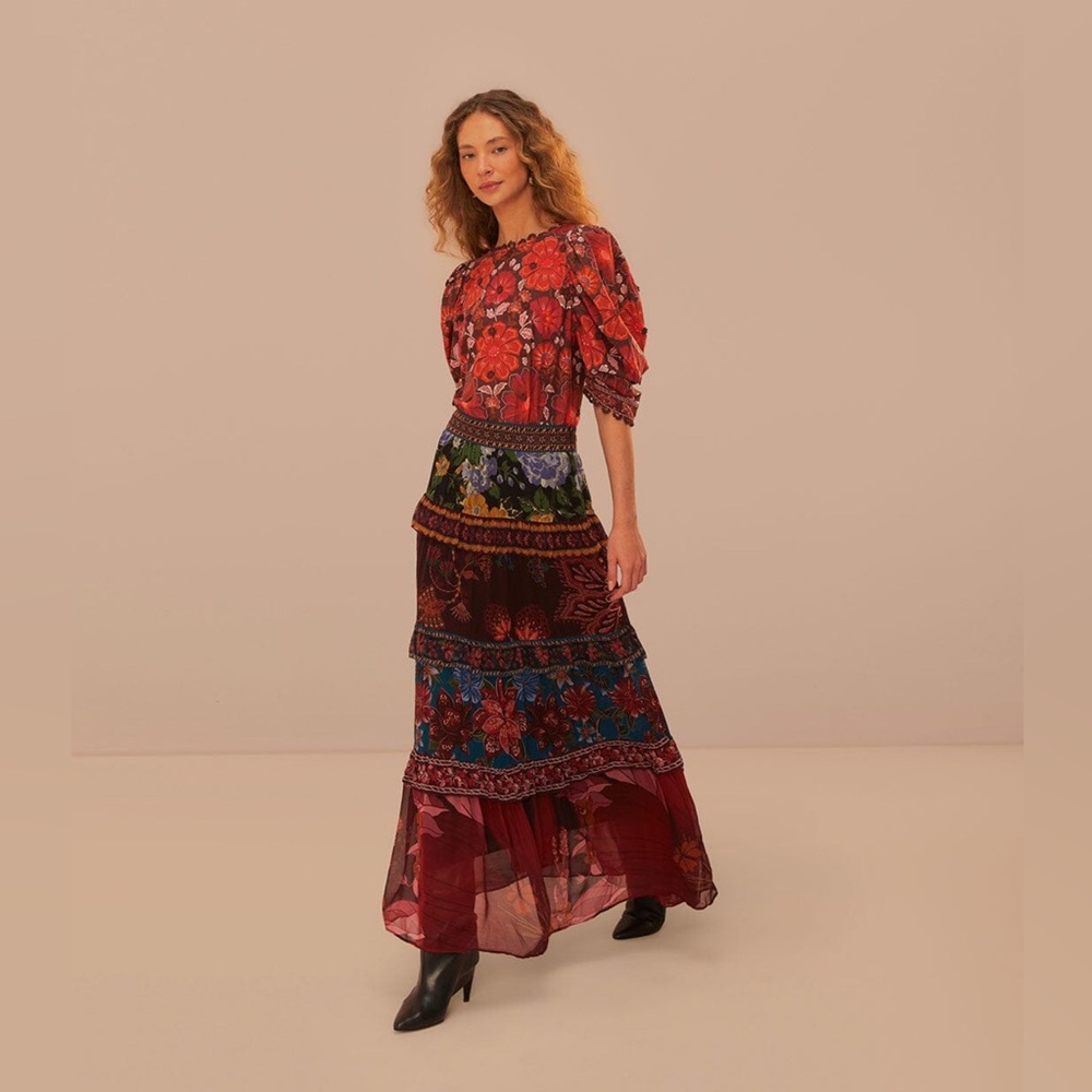 Farm Rio Floral Mix Ruffle Maxi Skirt - Picture 3 of 8